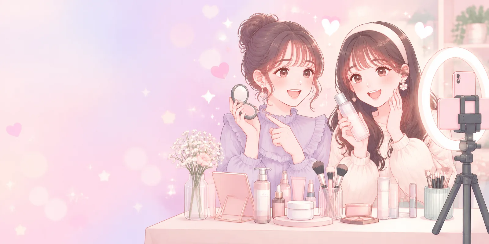 スマホでライブ配信をしながらコスメを紹介する女性2人のイラスト